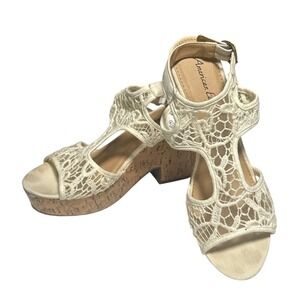 American Eagle Lace Strap Peep Toe Wedge Women's Shoes Cork Bottom Cream Size 9
